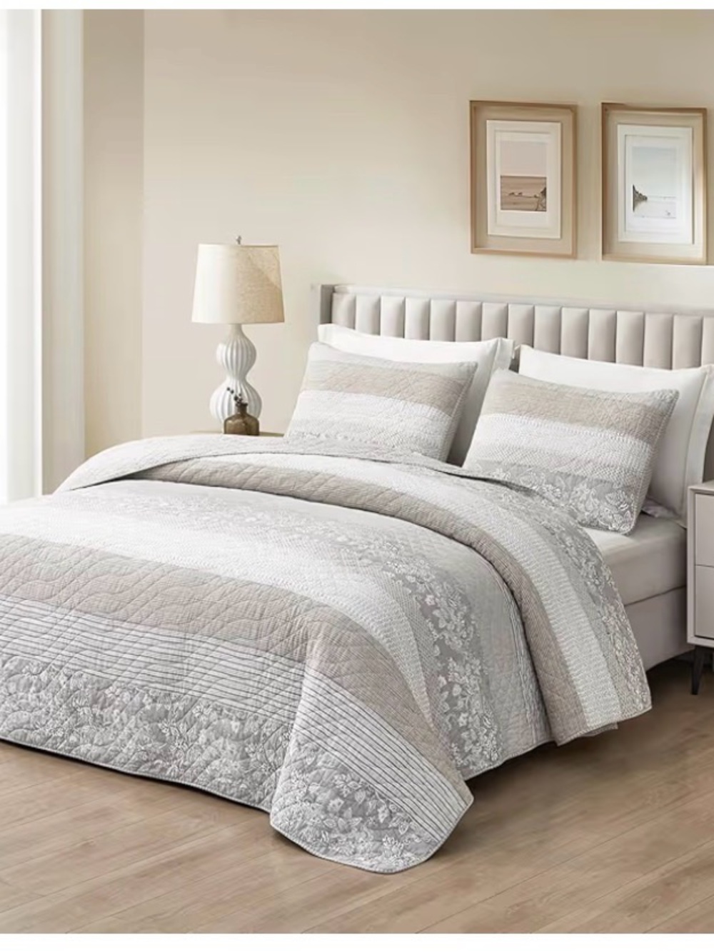 Cozy Neutral Stripe Quilted Bedspread - Cream & Gray